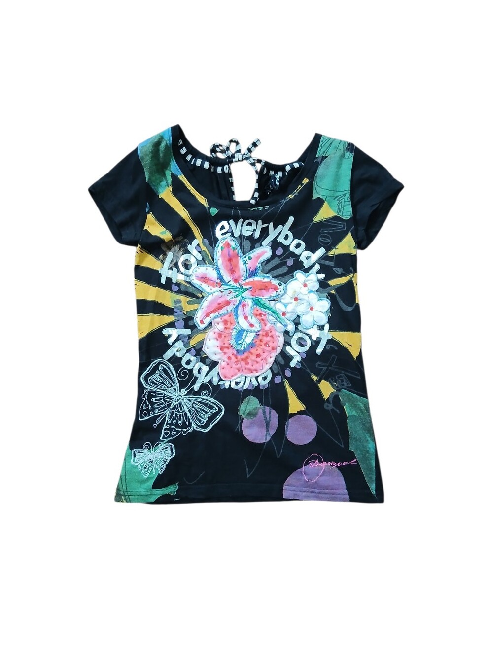 Y2K Desigual Flower & Butterfly Whimsigoth Style Black T-shirt XS
